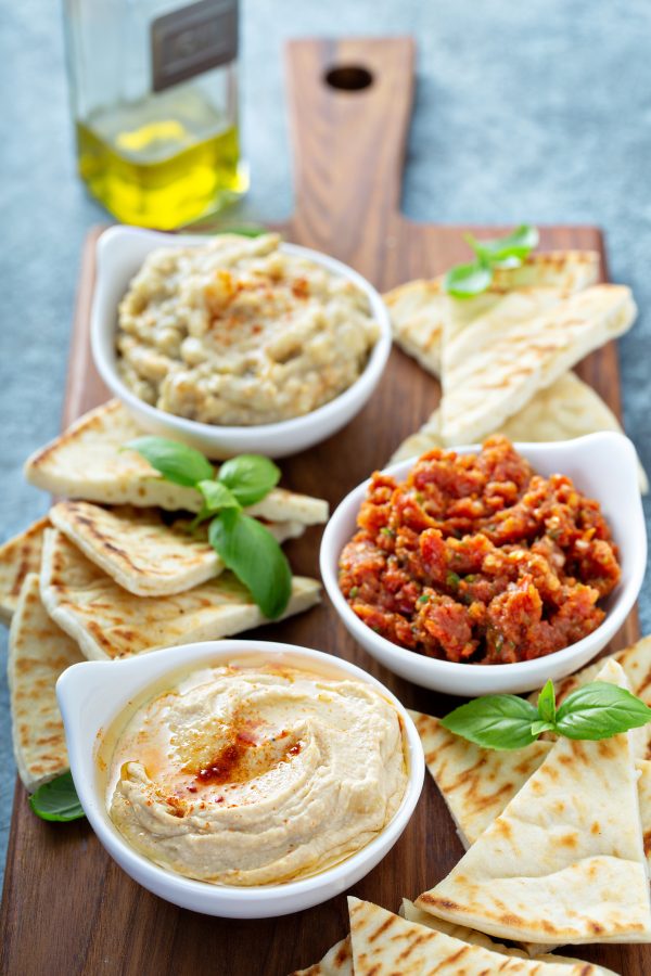 Mezze board with pita and dips